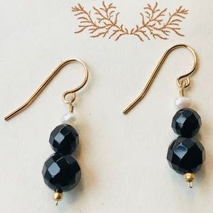 Black Onyx Pearl Gold Dangle Earrings